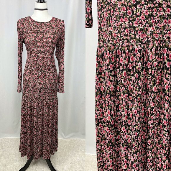 Mango MNG lightweight smocked long sleeve midi midaxi floral dress large - Picture 4 of 5
